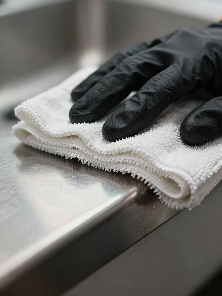 Extreme close-up of a gloved hand wiping a stainless steel fixture with a microfibre cloth — tight macro framing on the contact point, even studio-quality light, the metal surface reflects the cloth in sharp detail, no faces or background visible