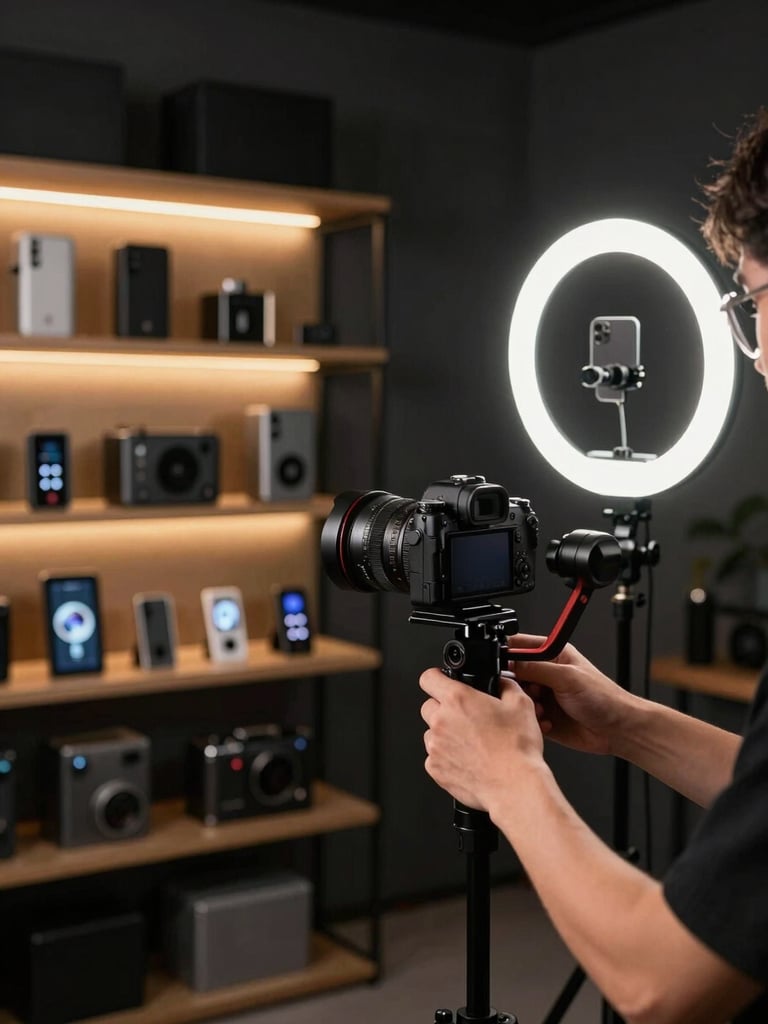 Wide editorial frame, a creator filming a product review in a dark studio, ring-light glow catching their hands on a camera gimbal, shelves of crypto hardware and tech gear softly lit in the background, moody tungsten warmth, shot from a low three-quarter angle emphasising professional setup
