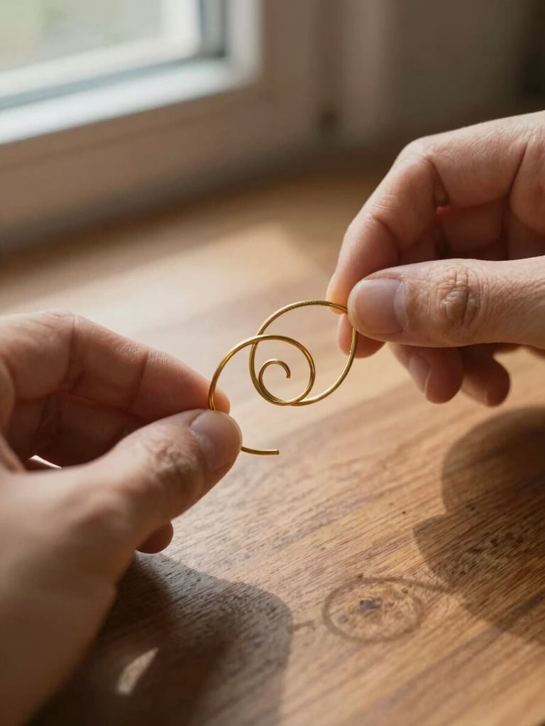 Macro shot of hands gently guiding a thick golden wire into an organic spiral shape, warm window light casting soft shadows on textured wood