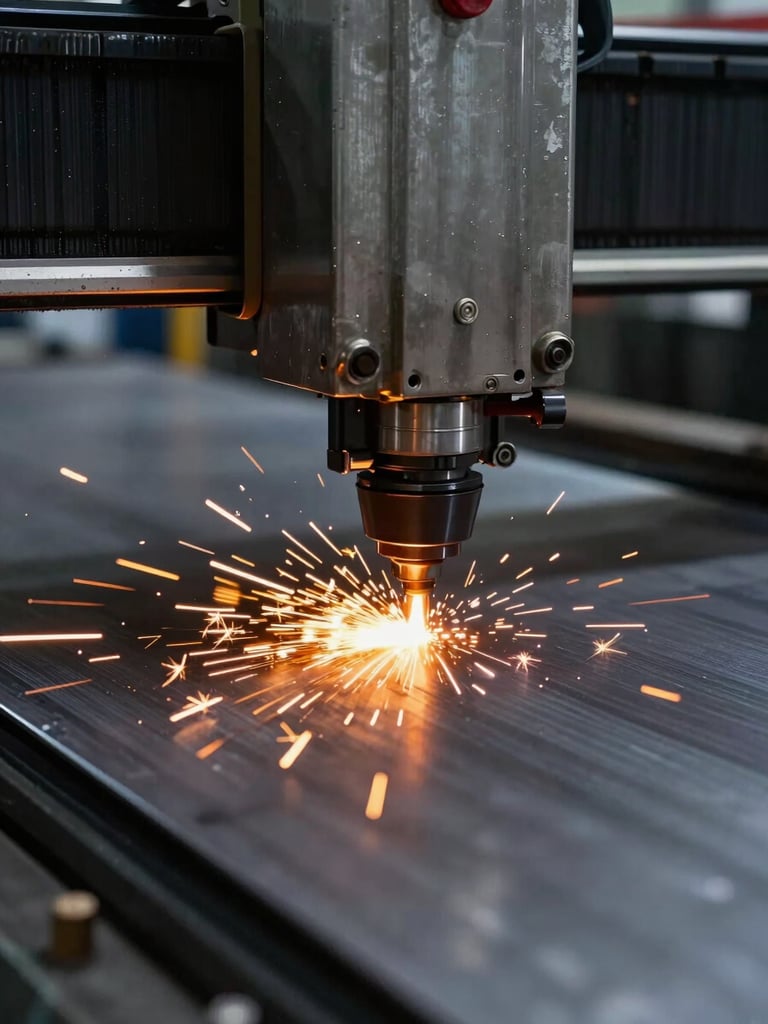 Extreme close-up of a CNC fiber laser cutting head in action on a thick steel sheet, intense orange sparks flying, cool dark workshop background, high contrast.