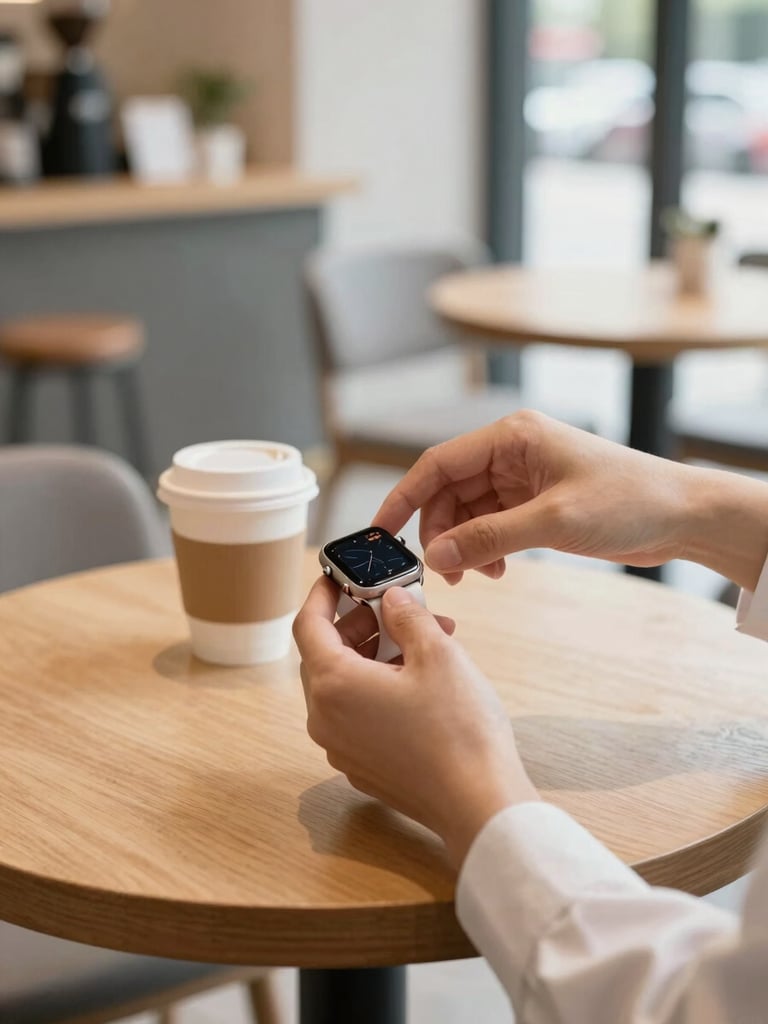 Hands exchanging a clean Apple Watch safely over a wooden table in a bright, modern local coffee shop, soft natural daylight, professional and trustworthy atmosphere