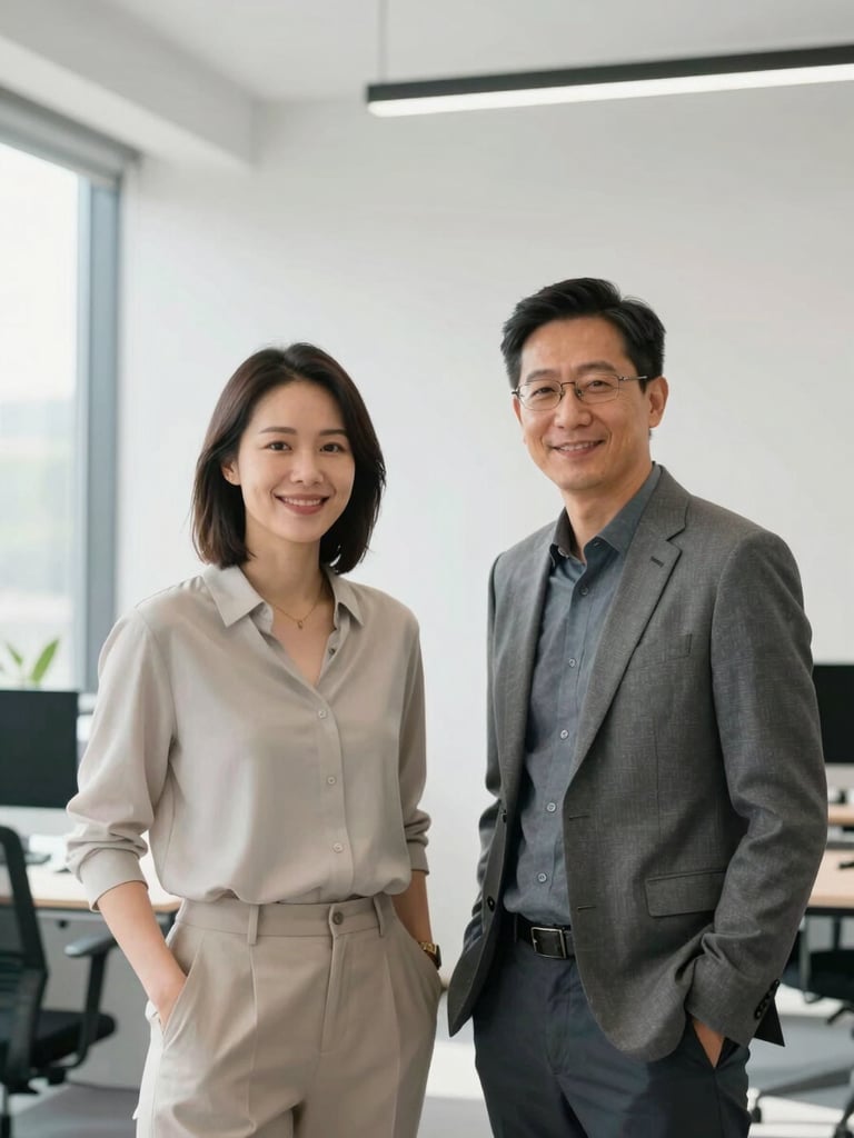 A professional portrait of two friendly local tech specialists standing in a bright, modern office setting with natural daylight, clean minimalist background