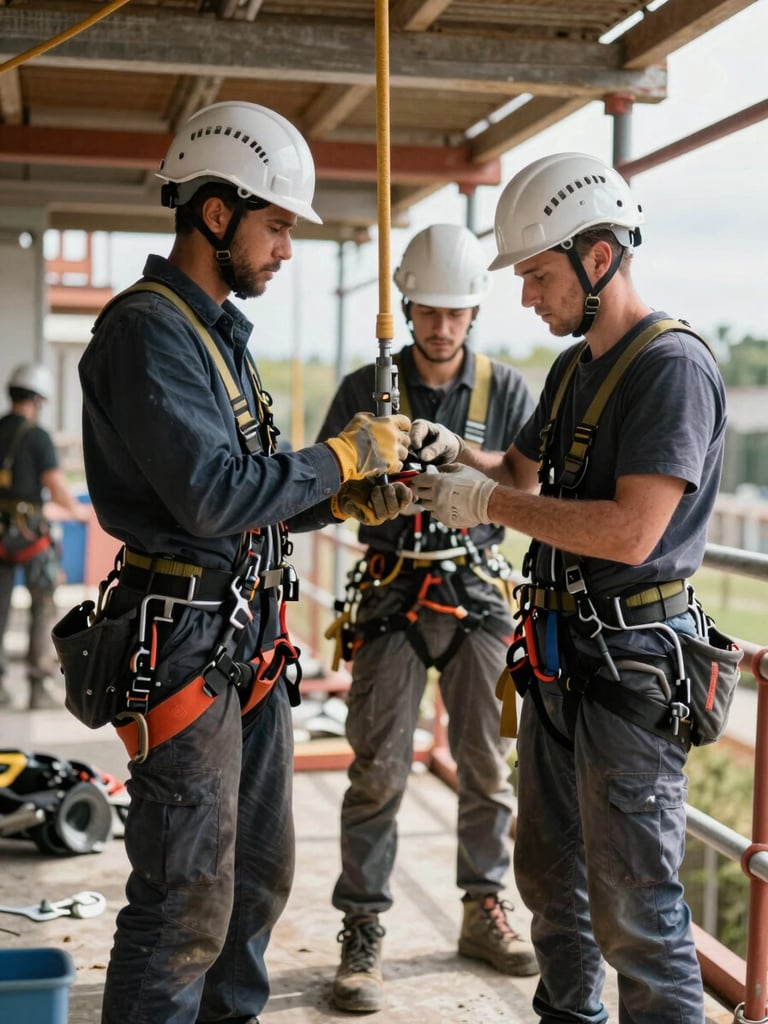 Ouvriers du bâtiment équipés de casques blancs et de harnais de sécurité, travaillant méthodiquement sur un échafaudage sécurisé en extérieur.