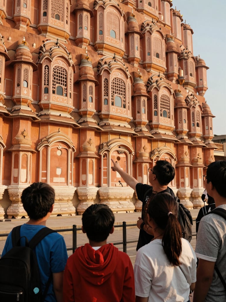 Medium environmental shot of a local guide pointing out architectural details on a palace wall to a family, warm golden-hour light
