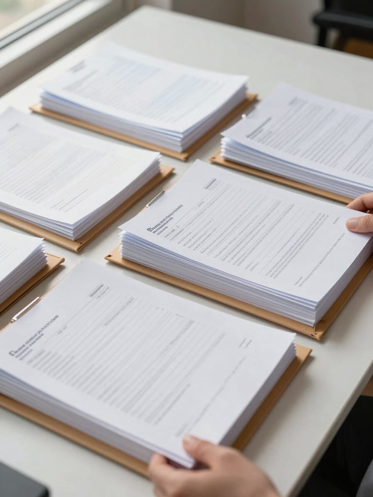 Close-up overhead shot of neatly organized document folders and filled administrative forms arranged on a clean white desk, natural daylight from a nearby window illuminating the papers, hands partially visible sorting through a stack of documents
