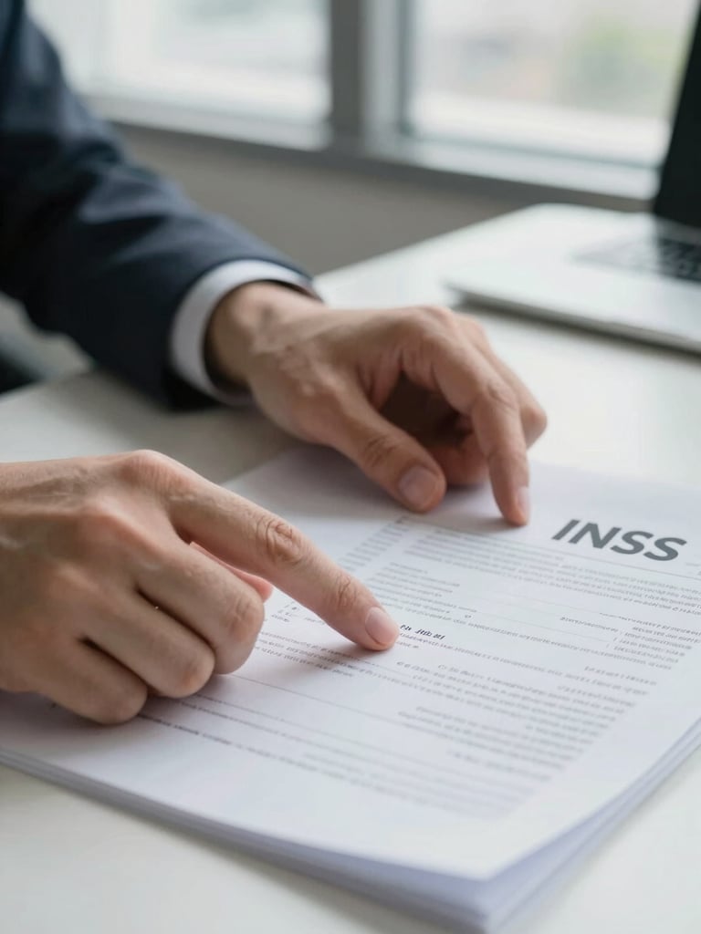 Close-up of hands carefully reviewing a printed INSS document on a clean desk, fingers pointing to a specific line of text, soft daylight from an office window illuminating the paper surface, shallow depth of field