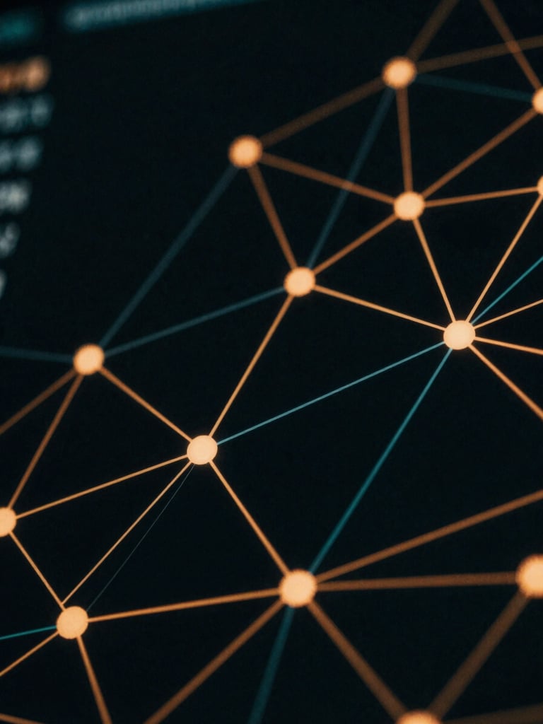Extreme macro close-up of a high-resolution data visualization screen displaying complex network nodes, deep obsidian background with sharp amber and teal lines, dark cinematic photography, 35mm