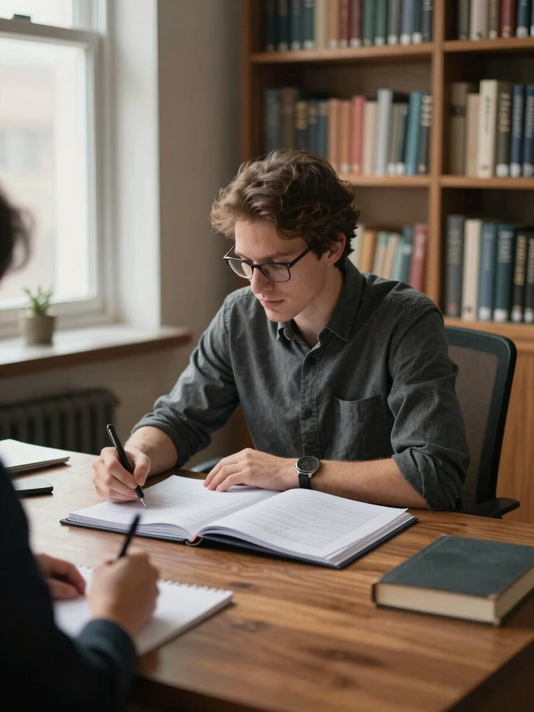 Close environmental shot of a faculty member seated at a heavy wooden desk in a book-lined office, leaning forward over an open case study binder, cool window light from the left, a student's hand visible at the edge of the frame taking notes, natural and uncontrived