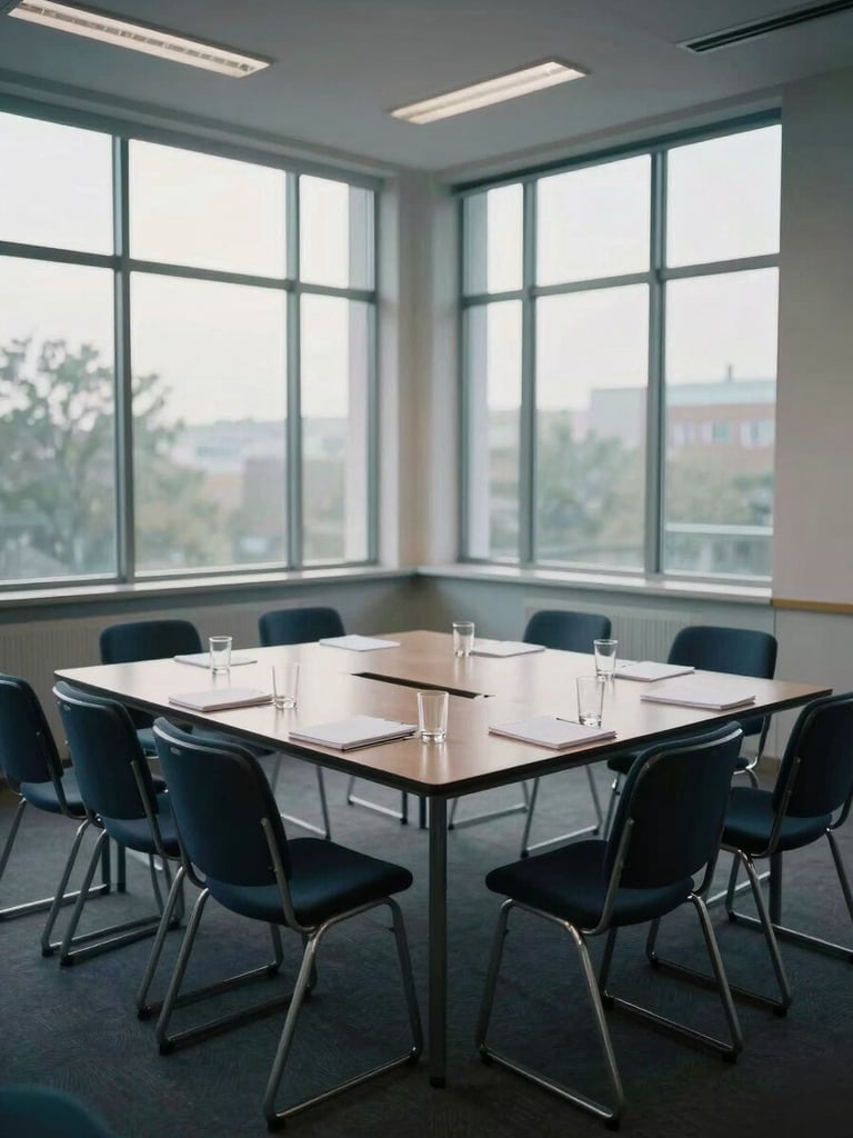 Wide environmental shot of an empty seminar room set for discussion, twelve chairs around a single table, notebooks and water glasses in place, cool morning light through tall north-facing windows, no people, everything ready