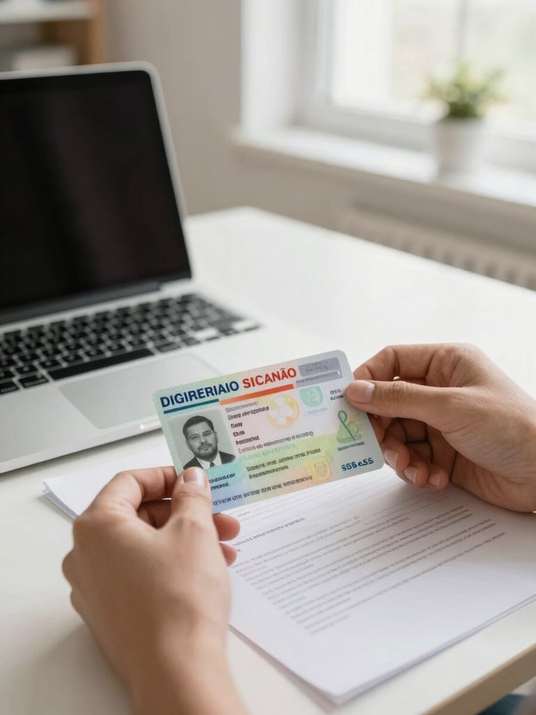 A close-up of hands reviewing immigration documents, a Spanish residency card visible on a desk with a laptop in a bright, modern apartment, soft natural window light, 35mm