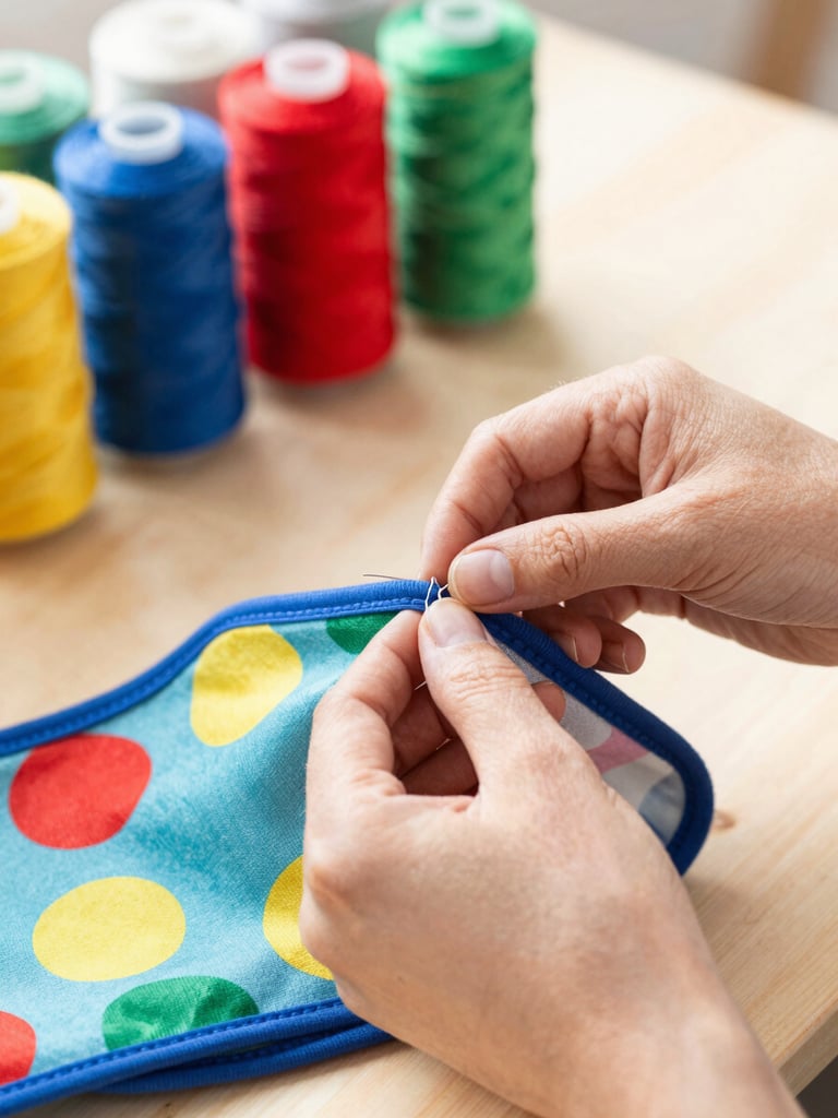 Close-up of hands carefully stitching a colorful pet garment in a bright workshop, vibrant thread spools in the background, warm natural light