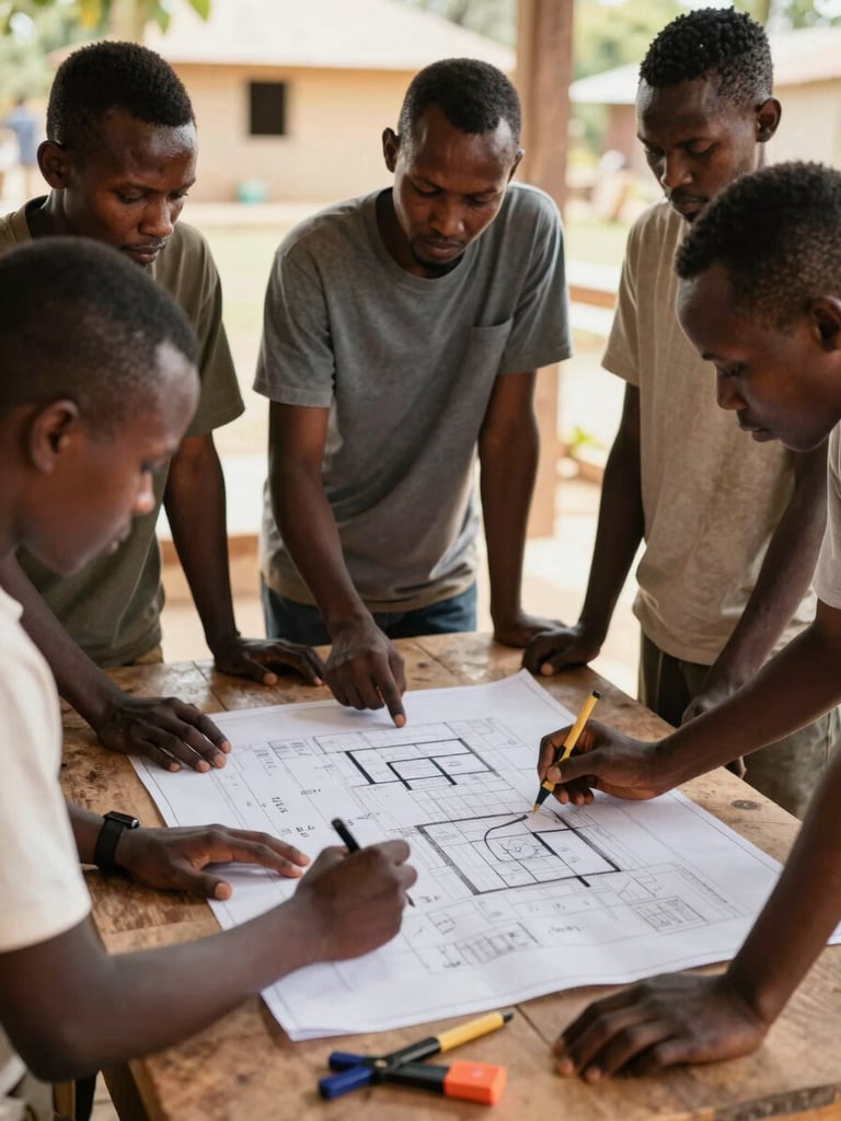 A group of young Kenyan men and women collaborating around a wooden workshop table, reviewing architectural blueprints with tools nearby, warm natural light, 35mm editorial style