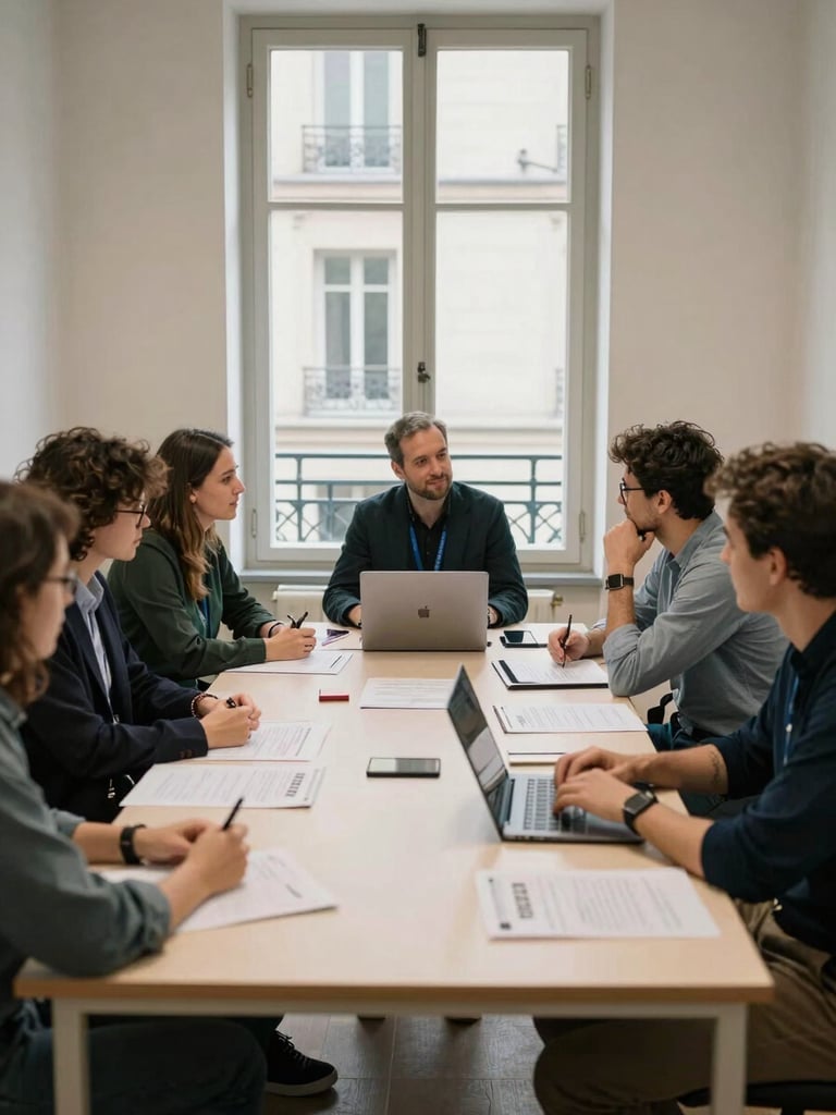 Wide shot of a small team meeting around a table in a light-filled Paris office, documents and a laptop open, afternoon window light, candid mid-shot, no posed smiles, institutional calm