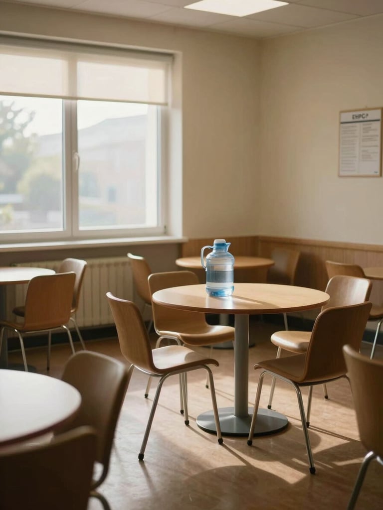Wide interior shot of a calm EHPAD common room, morning window light falling across empty chairs and a round table with a water jug, soft warm ambient light, no people in frame, quiet institutional honesty