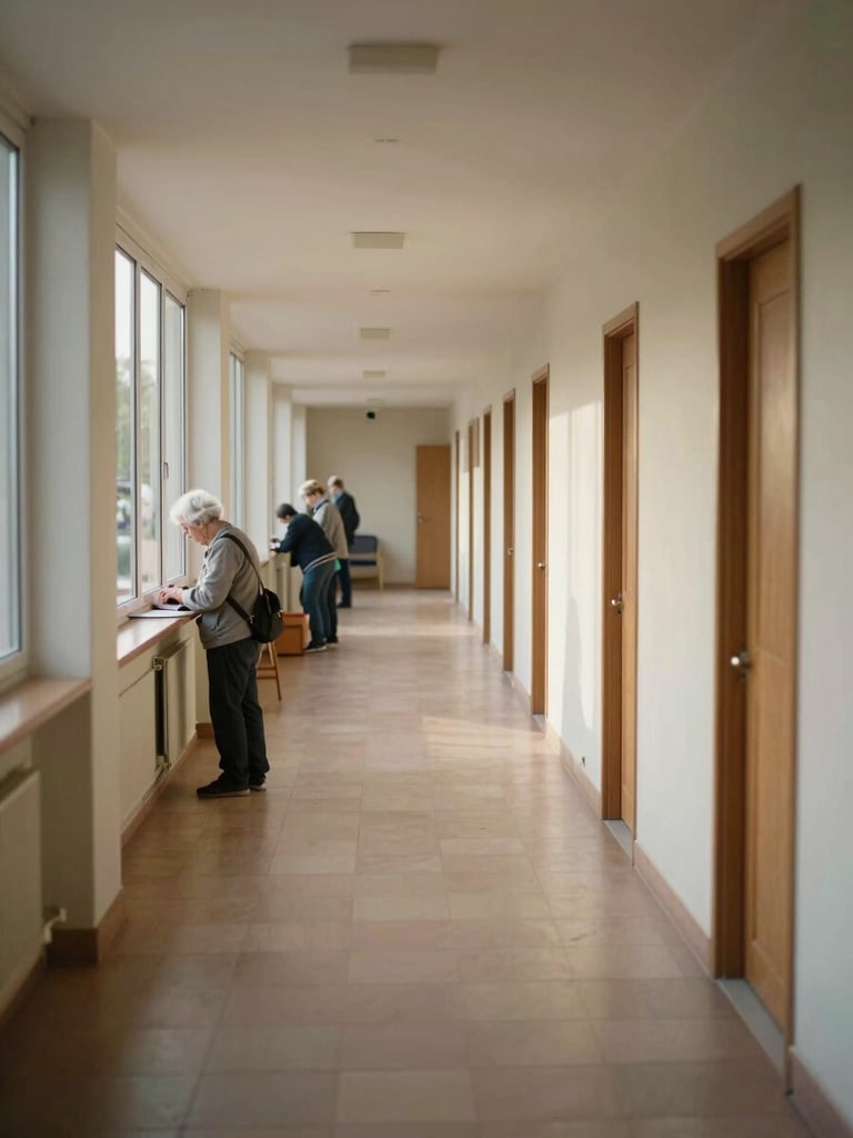Wide corridor of a French care residence in soft morning light, residents visible at distance near a window, warm institutional tones, honest and unhurried atmosphere, no posed figures