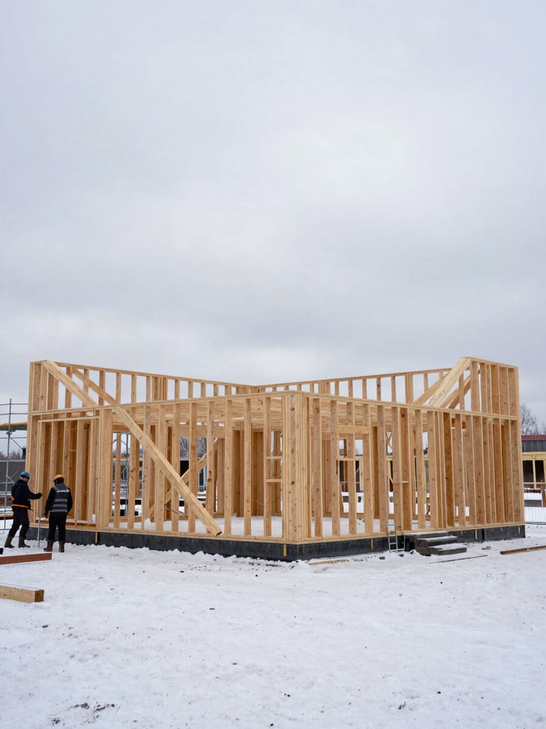 Wide shot of a residential timber frame structure mid-construction in Novosibirsk, overcast winter sky above, snow on the ground, exposed structural beams and joists visible, workers in heavy winter gear on scaffolding to the left edge, generous open site behind the frame