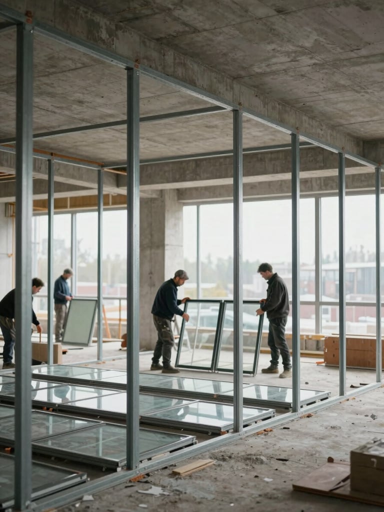Close-up of a commercial interior fit-out in progress — exposed concrete ceiling, steel partition framing, workers installing glazing panels under flat overcast daylight, Novosibirsk construction site
