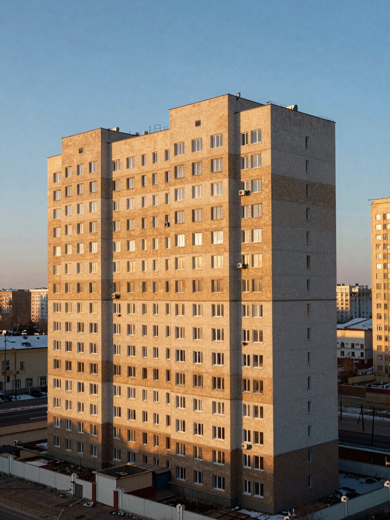Wide panoramic view of a completed multi-storey residential block in Novosibirsk at golden hour, low winter sun casting long shadows across the facade, surrounding urban context visible, no people, honest documentary framing