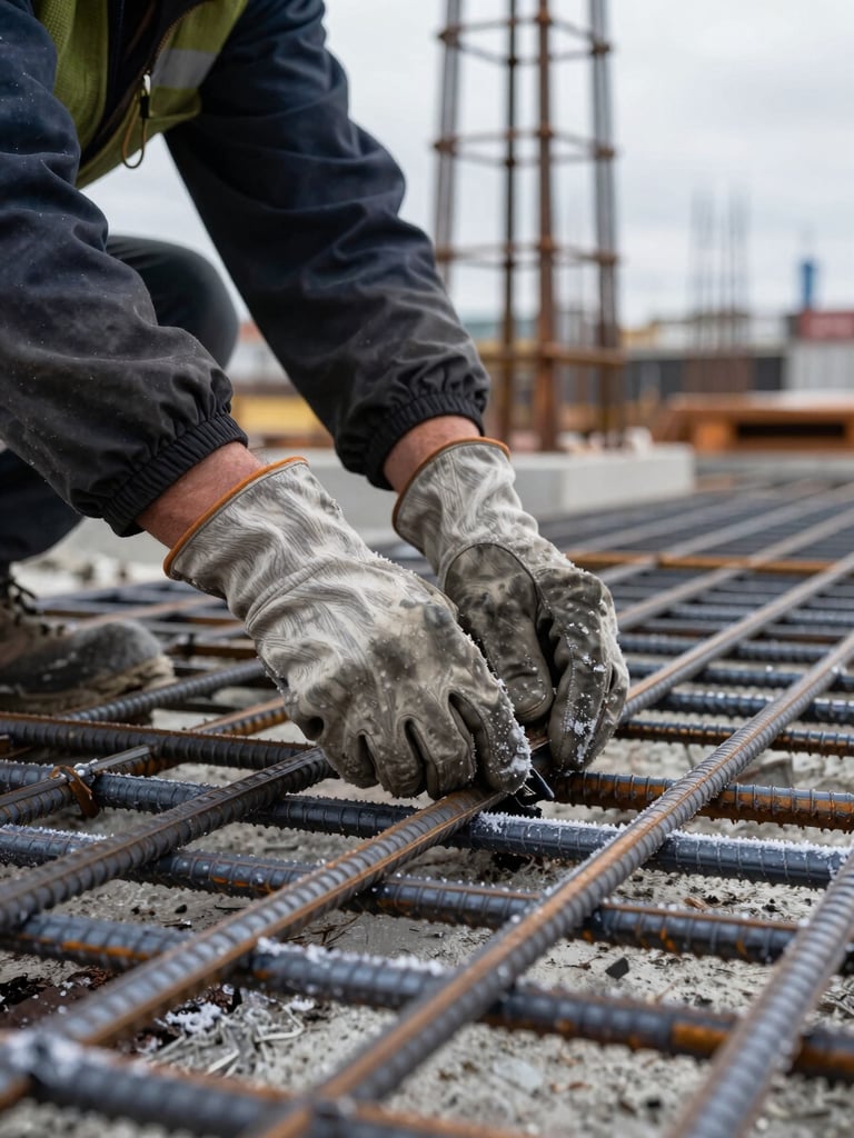 Close-up of a construction worker's gloved hands placing reinforcing rebar on a concrete foundation at a Novosibirsk build site, overcast daylight, frost visible on the metal, structural depth in the background