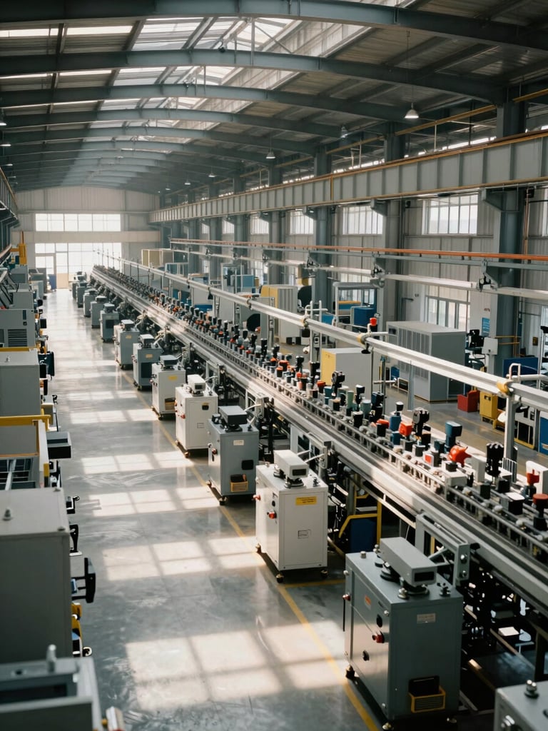 Clean architectural view of the factory floor, showing highly structured assembly lines illuminated by bright natural daylight.