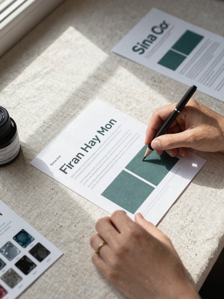Close overhead flat-lay of hands arranging printed brand materials on a raw linen surface, north-facing window light casting soft parallel shadows, packaging mockups and ink swatches visible at the edges