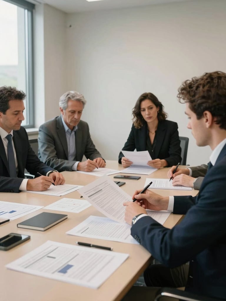 Wide environmental shot of a conference room mid-meeting, four professionals seated around a long table covered in printed strategy documents, one person pointing at a page with a pen, natural window light from the left casting soft shadows, candid framing showing intensity of focus, no posed expressions