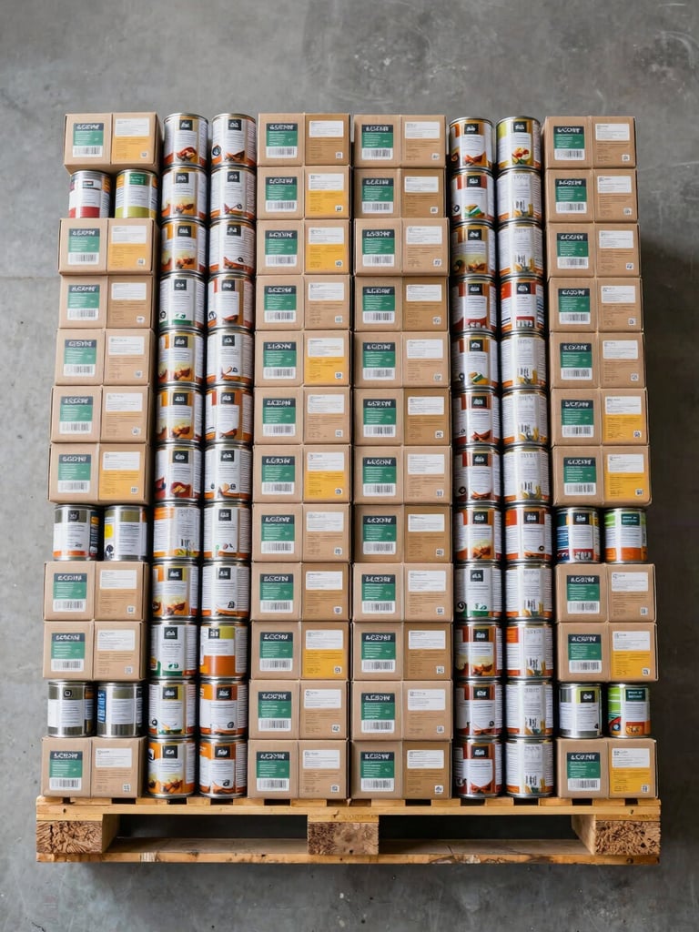 Overhead flat-lay of a warehouse pallet loaded with uniformly stacked canned goods and boxed packaged products, labels facing outward in perfect alignment, bright studio lighting, no shadows, clean concrete floor visible at edges, tight organized composition