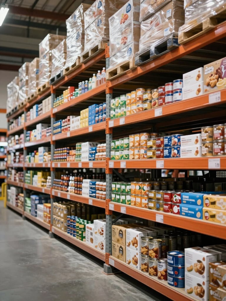 Close environmental shot of wide warehouse shelving from the left side, overhead studio lighting casting even brightness across perfectly stacked rows of packaged grocery products — canned goods, boxed items, and labeled cartons aligned flush on every shelf level, shot from a slight low angle emphasizing depth and order, clean concrete floor visible at bottom, no people