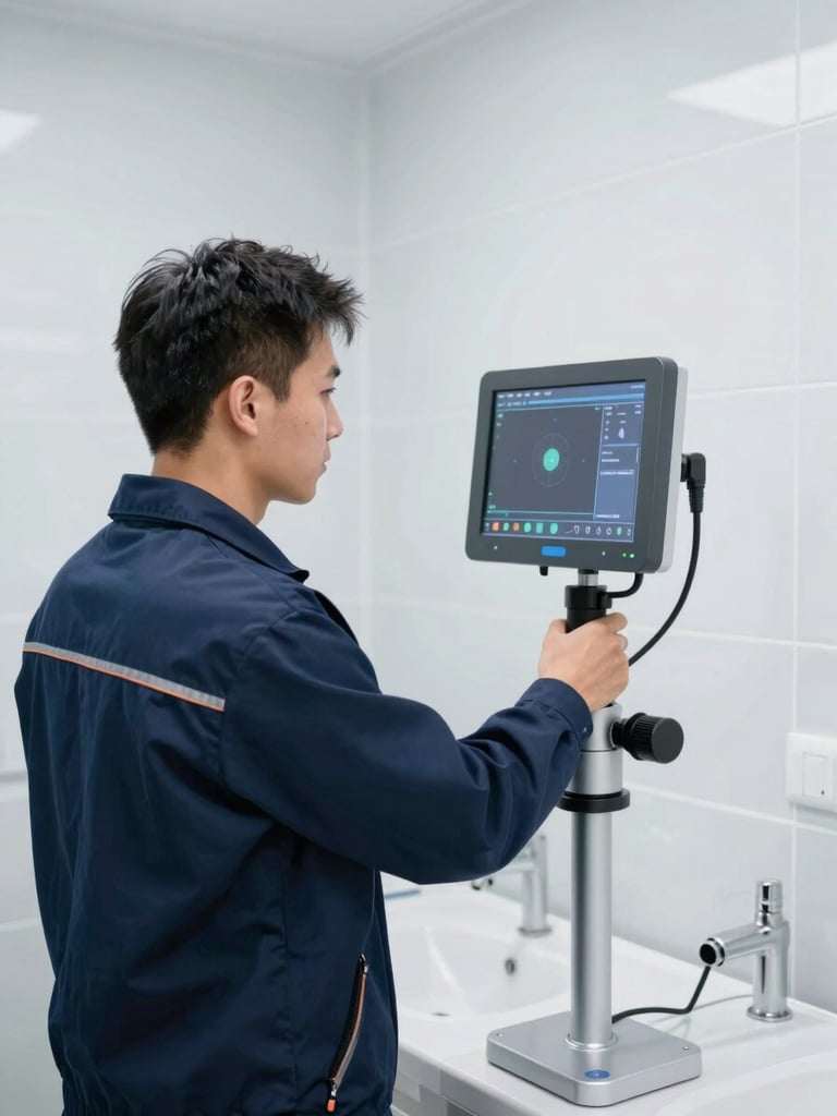 Bright professional photography of a pristine technician in a neat navy uniform operating a high-tech pipe diagnostic camera screen inside a clean, modern bathroom facility, daylight, high contrast, 35mm