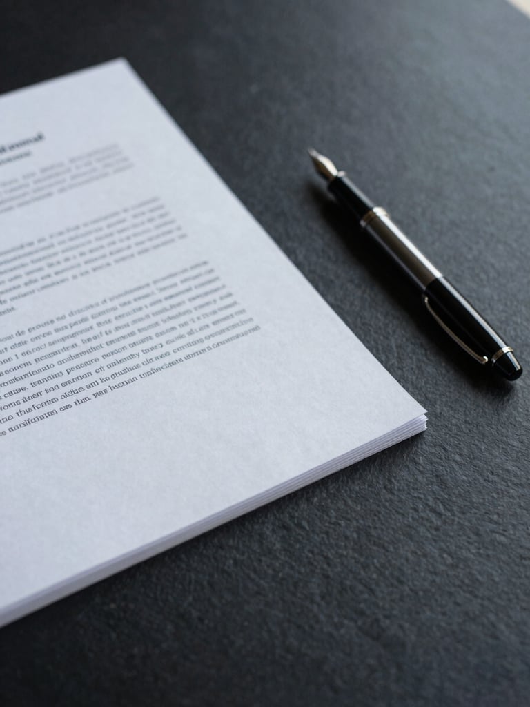 Close-up of legal documents and a fountain pen on a dark slate desk, soft diffused office lighting, low saturation, minimalist composition.