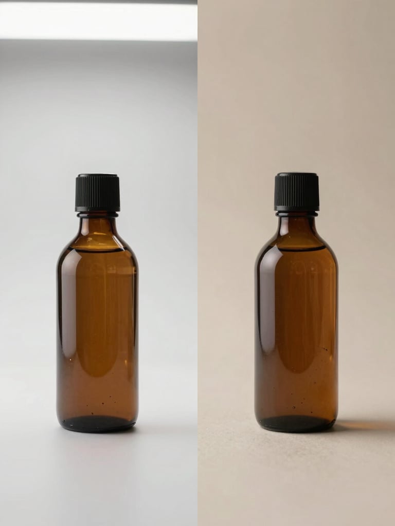 Side-by-side split-frame product photograph: left half shows a raw e-commerce bottle shot on a plain white surface under flat fluorescent light, right half shows the same bottle with neutral studio lighting, clean shadow, and refined background — no props, no hands, direct comparison framing