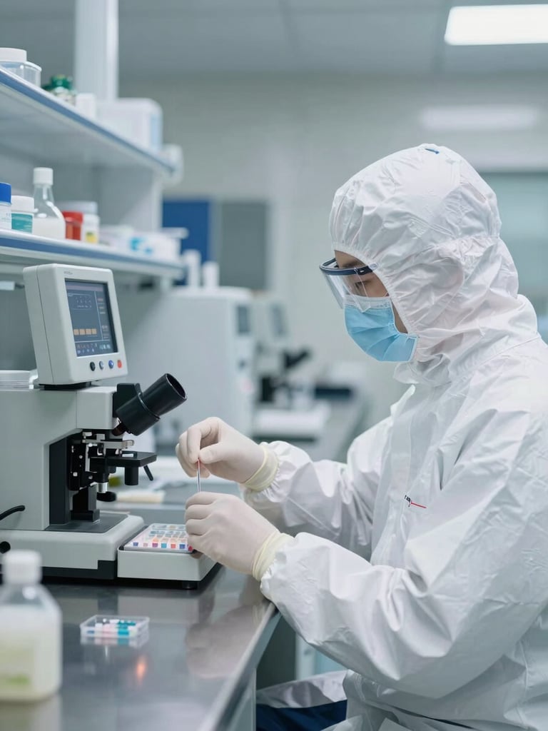 Laboratory technician in full cleanroom PPE analyzing samples at a stainless steel testing station, bright sterile laboratory lighting, sharp focus on the technical readouts.