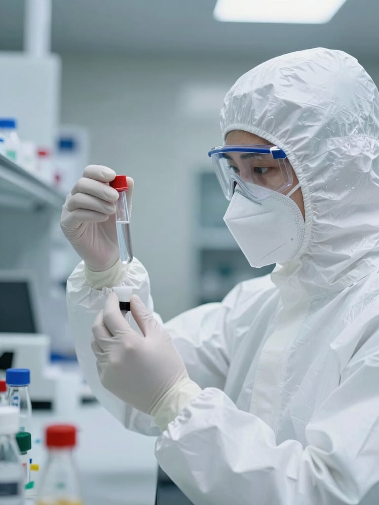 A laboratory technician in full white cleanroom PPE holding a testing vial, analyzing liquid chemical composition under bright, sterile, overcast laboratory light.