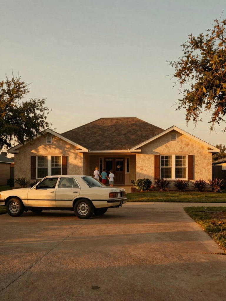 A wide environmental shot of a classic Texas home with a family car in the driveway, warm golden-hour lighting, rich earth tones