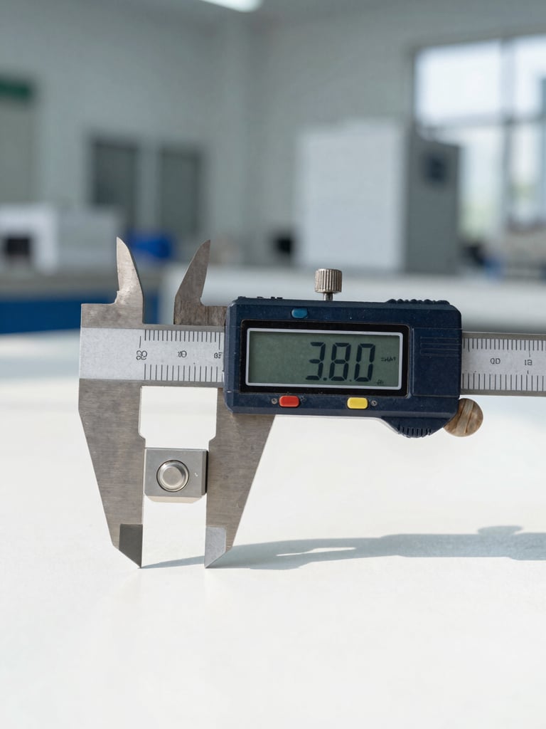 A technical close-up of a high-precision digital caliper measuring a consumer goods component on a clean Guangdong factory floor, bright natural daylight, sharp focus