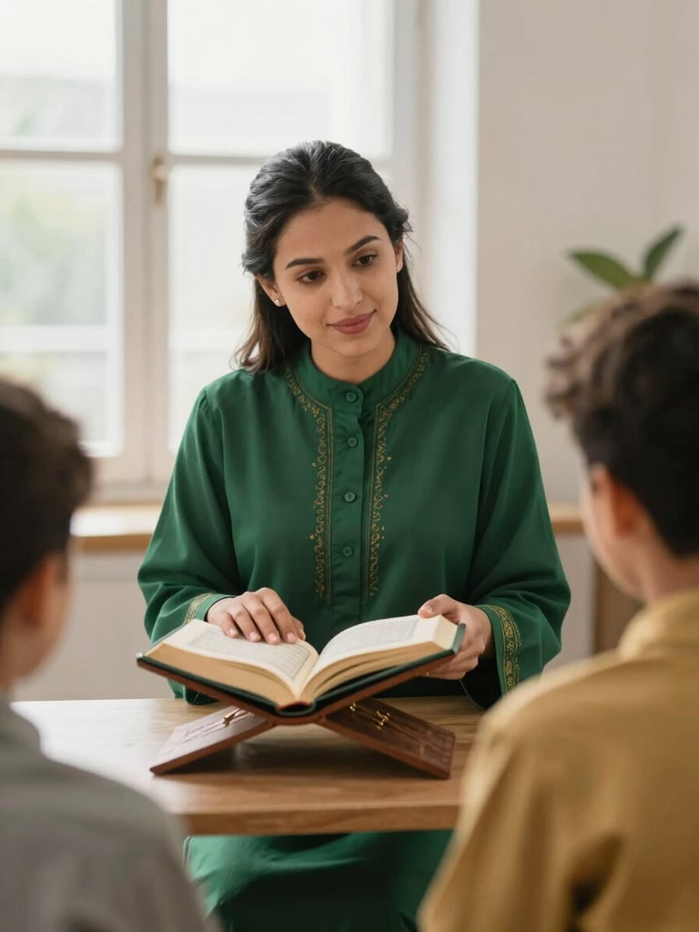 Warm editorial photography of a teacher in a bright, well-lit modern room showing an open Quran to a young student, soft window light, natural tones, shallow depth of field, 35mm