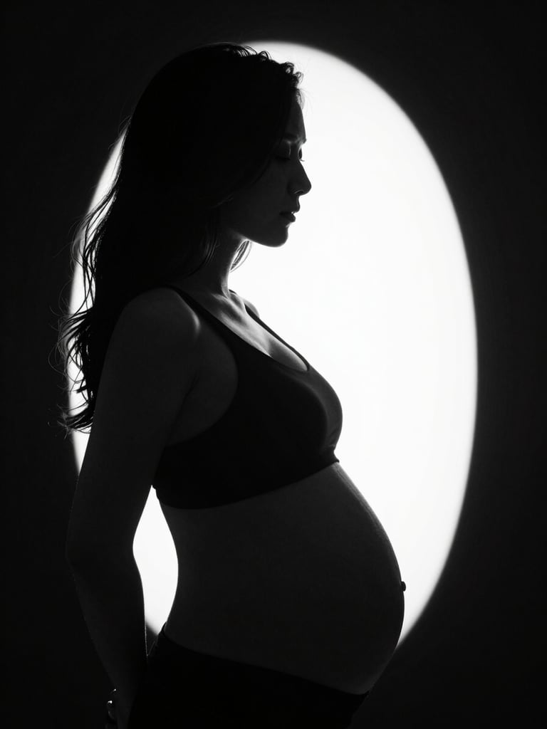 Dramatic black and white silhouette of a pregnant woman, hard directional lighting from the side, deep shadows, sculptural form against absolute black background.