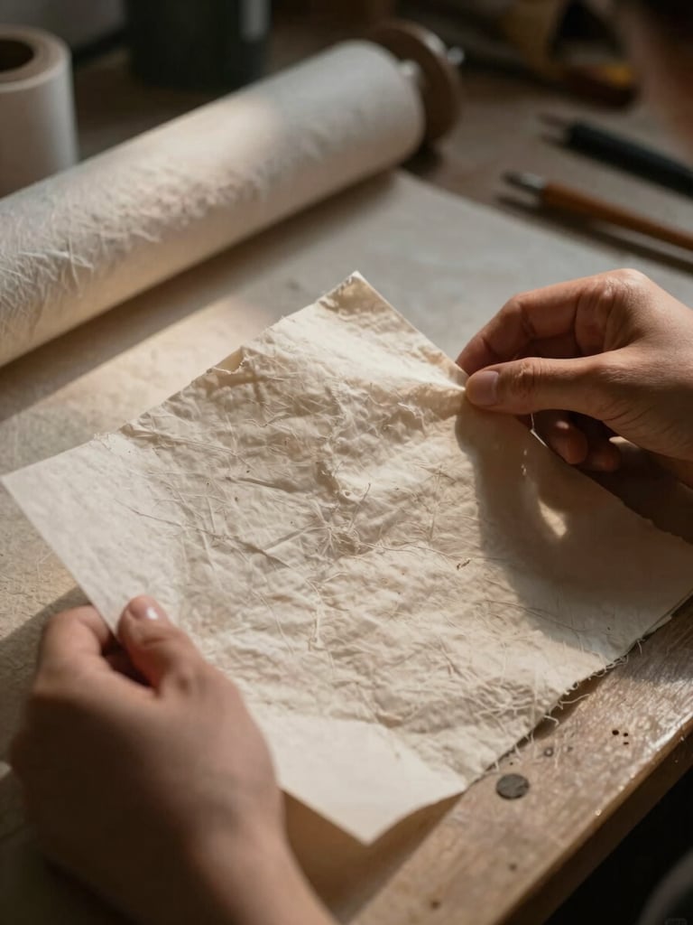Close-up of hands carefully inspecting heavy cotton rag paper under a single beam of hard directional light, deep shadows surrounding the workspace.