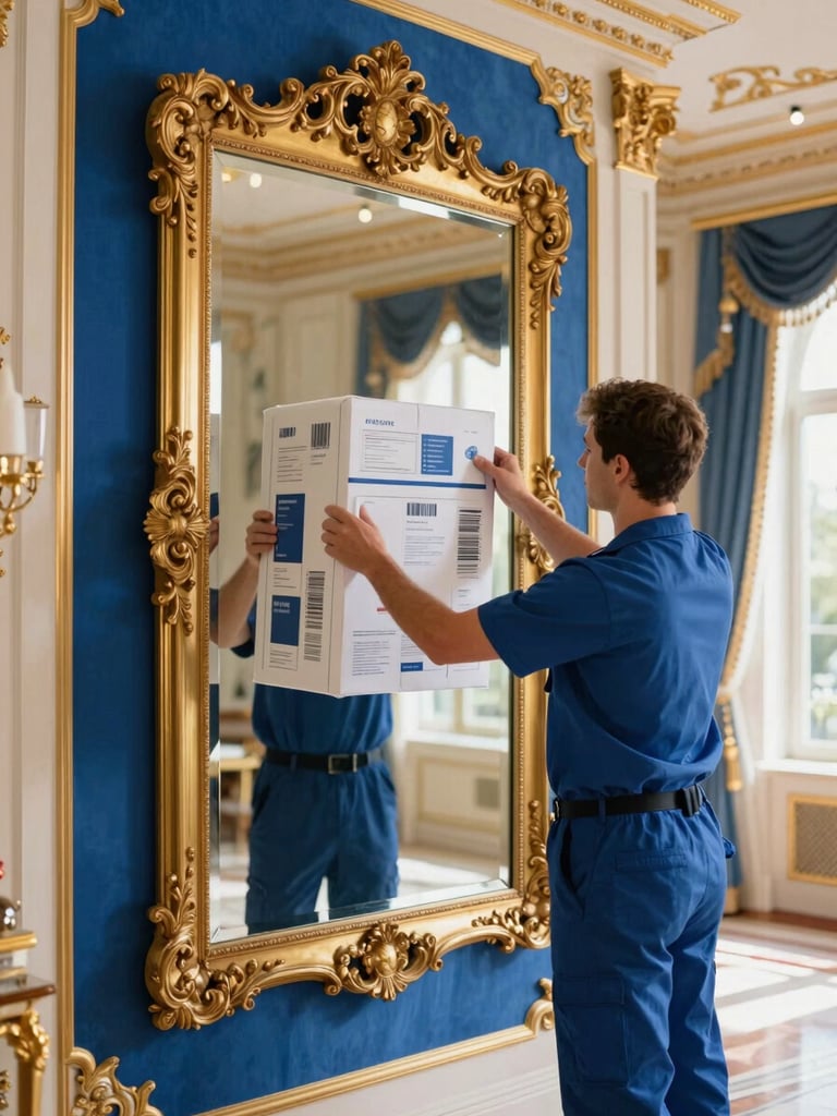 Uniformed professional carefully securing a large ornate mirror with custom packing materials in a luxury villa, bright interior lighting, rich royal blue and gold accents, sharp depth of field.