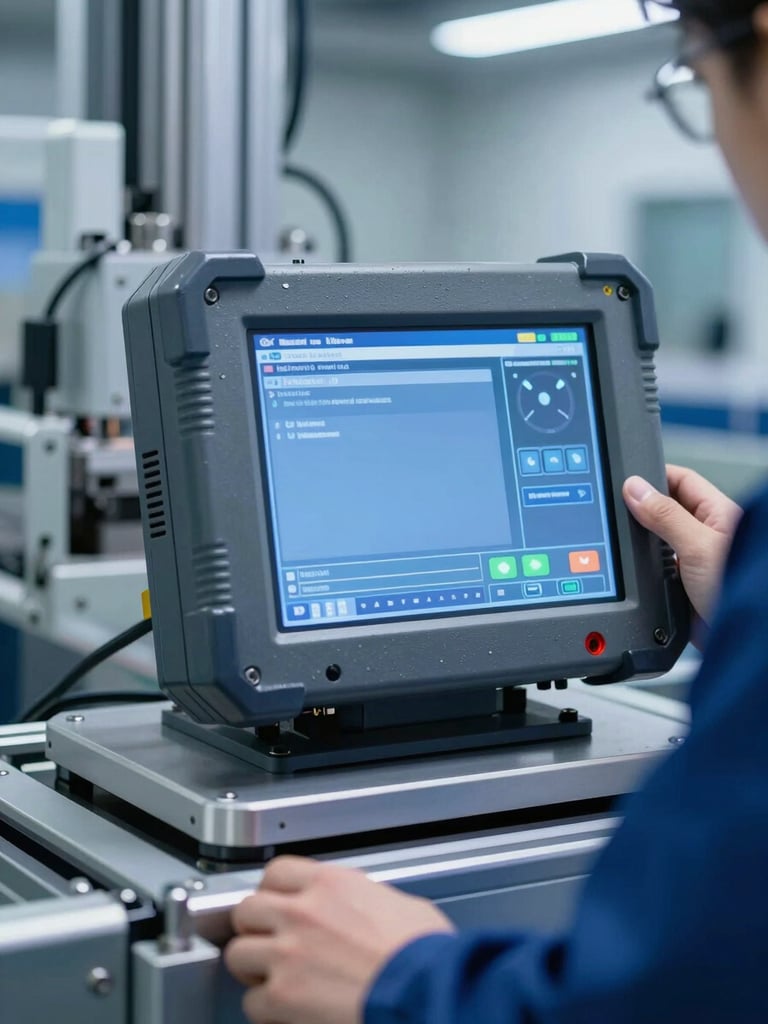 Industrial engineer configuring a rugged panel PC mounted on an automated assembly line, cool blue industrial workspace lighting, close-up shot