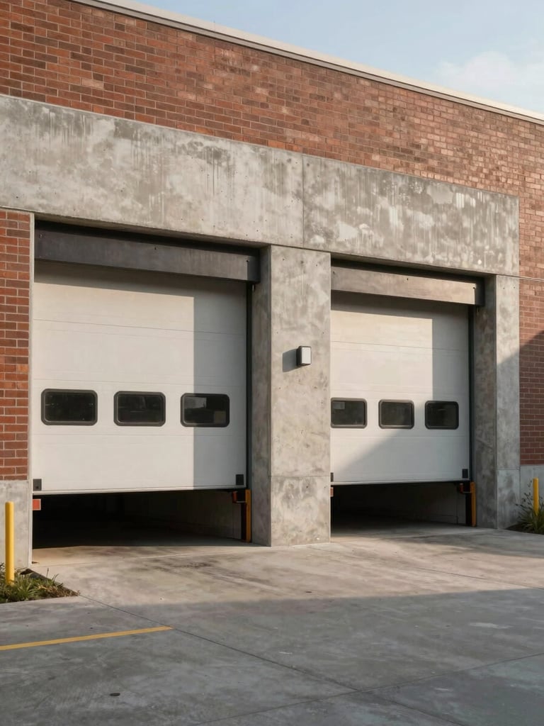 Environmental wide shot of a commercial property site—raw concrete loading dock and brick facade, late-morning window light raking across the surface revealing texture and condition, no people, framing emphasizes scale and materiality over finish
