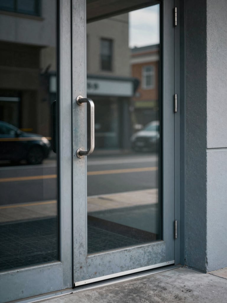 Close architectural detail of a commercial property entrance — weathered steel door frame, concrete threshold, window reflection showing adjacent street, direct window light, no people, cool daylight temperature