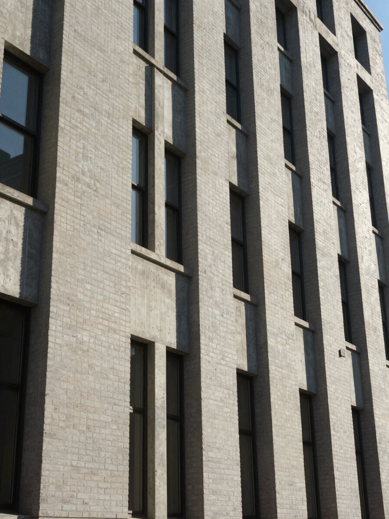 Wide environmental shot looking up a commercial building facade from street level, natural daylight raking across concrete and brick texture, strong vertical lines, no people, cool neutral light revealing material condition