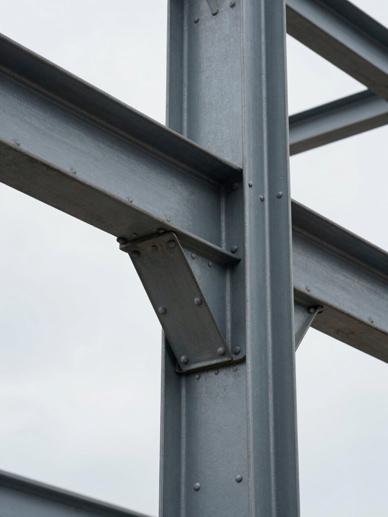 Close architectural detail of a commercial building's structural steel beam connection, natural overcast daylight raking across riveted metal plate and bolt heads from the left, shallow depth showing the joint's material weight and fabrication specificity, framed tightly to fill the vertical column