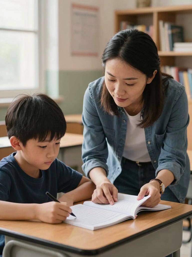 Close documentary shot of a teacher crouching beside a student's desk, both looking at the same notebook page, warm window light from the left, candid and unposed, classroom shelves visible in soft background