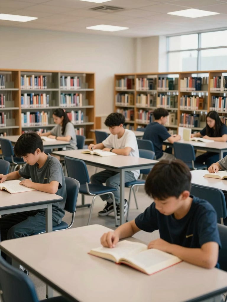 Wide environmental shot of a school library, students seated at low tables reading independently, bookshelves lining the walls, soft north-facing daylight, a few students talking quietly in the background