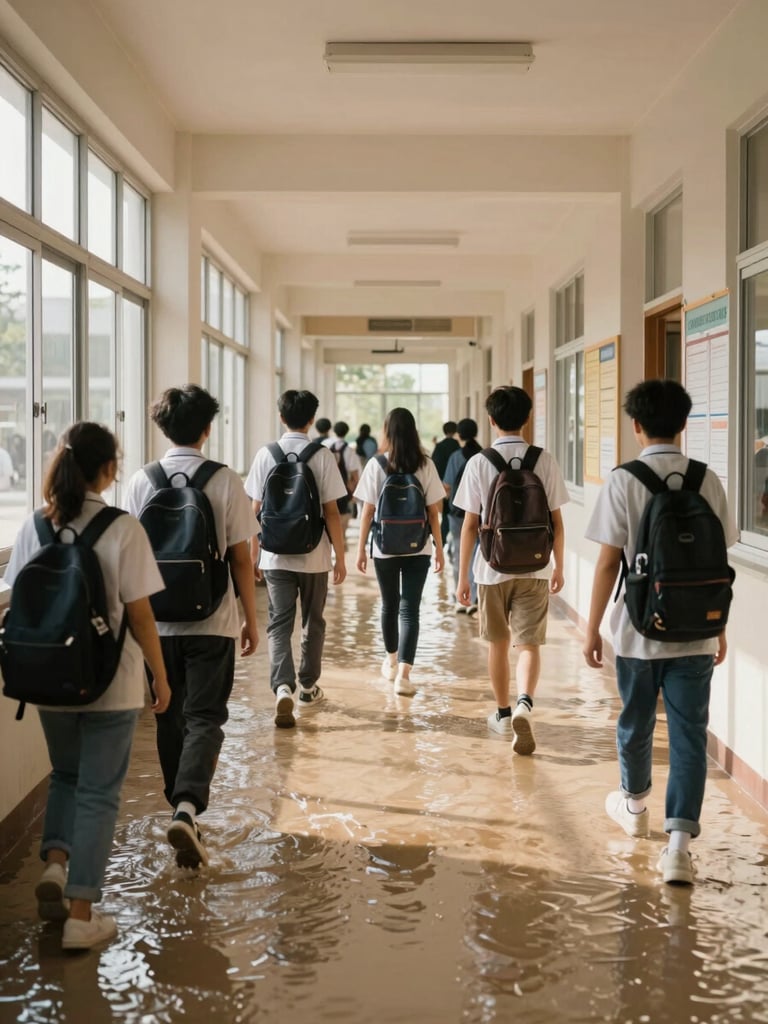 Wide shot of a school hallway flooded with afternoon window light, students walking between classes, backpacks and bulletin boards visible, candid and unposed, warm natural tones