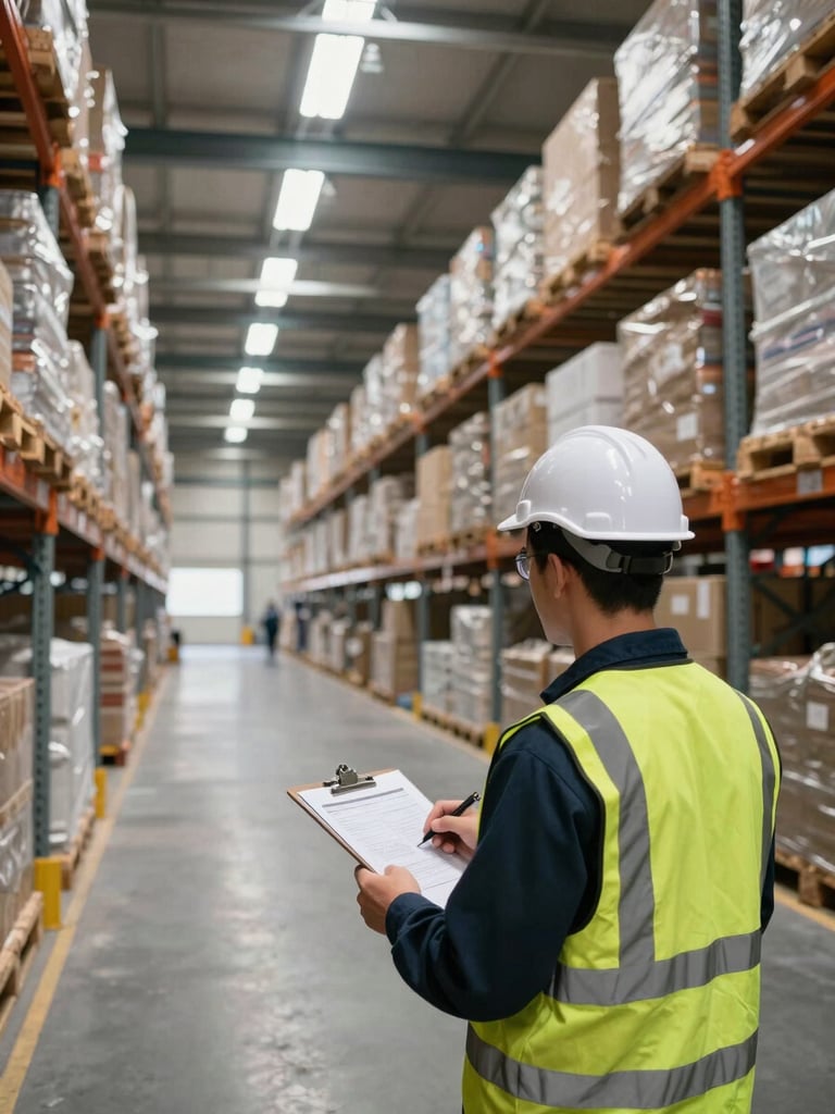 Wide-angle interior of a large logistics warehouse, organized pallet rows under high-bay lighting, a worker in hi-vis vest checking a manifest on a clipboard in the foreground, natural daylight entering from skylights, scale conveyed by receding floor lines
