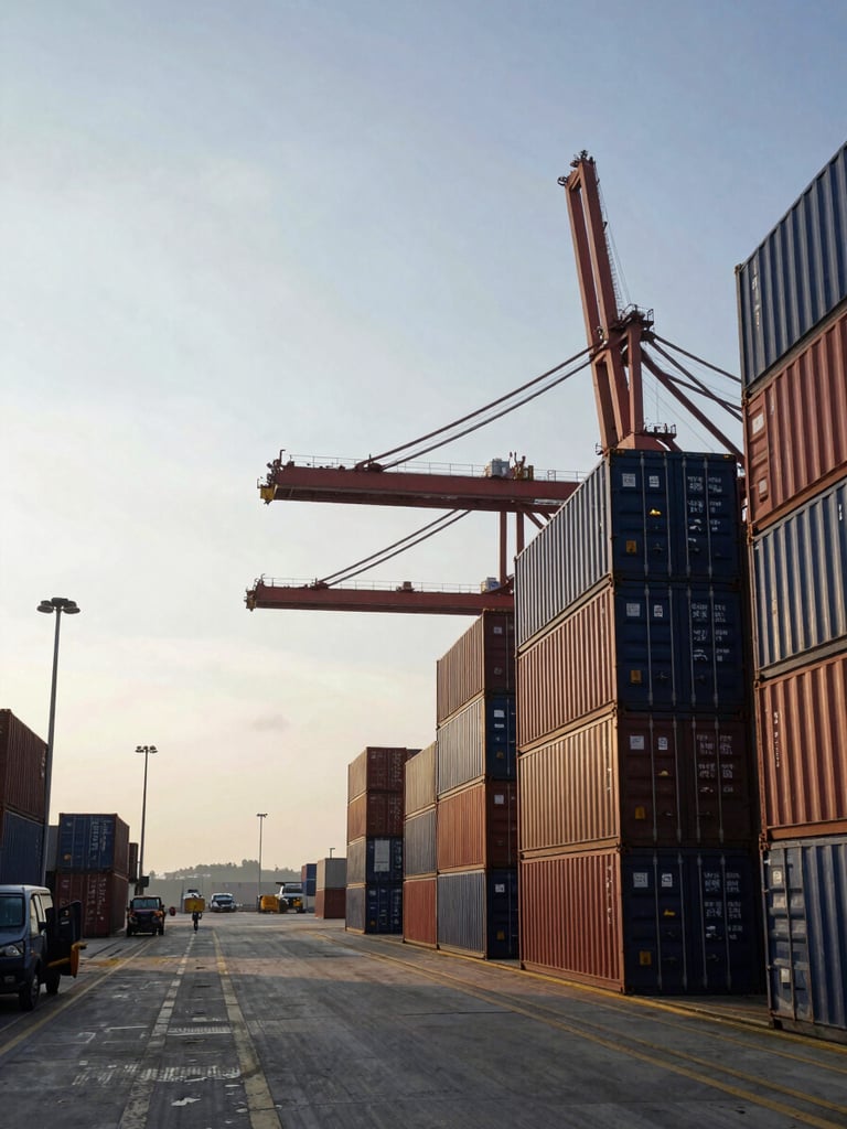 Wide panoramic view from the right side — a busy container port at dawn, stacked shipping containers in deep navy and rust tones filling the right third, a large gantry crane in operation above, natural early morning light casting long shadows across the dock, expansive overcast sky on the left providing generous negative space
