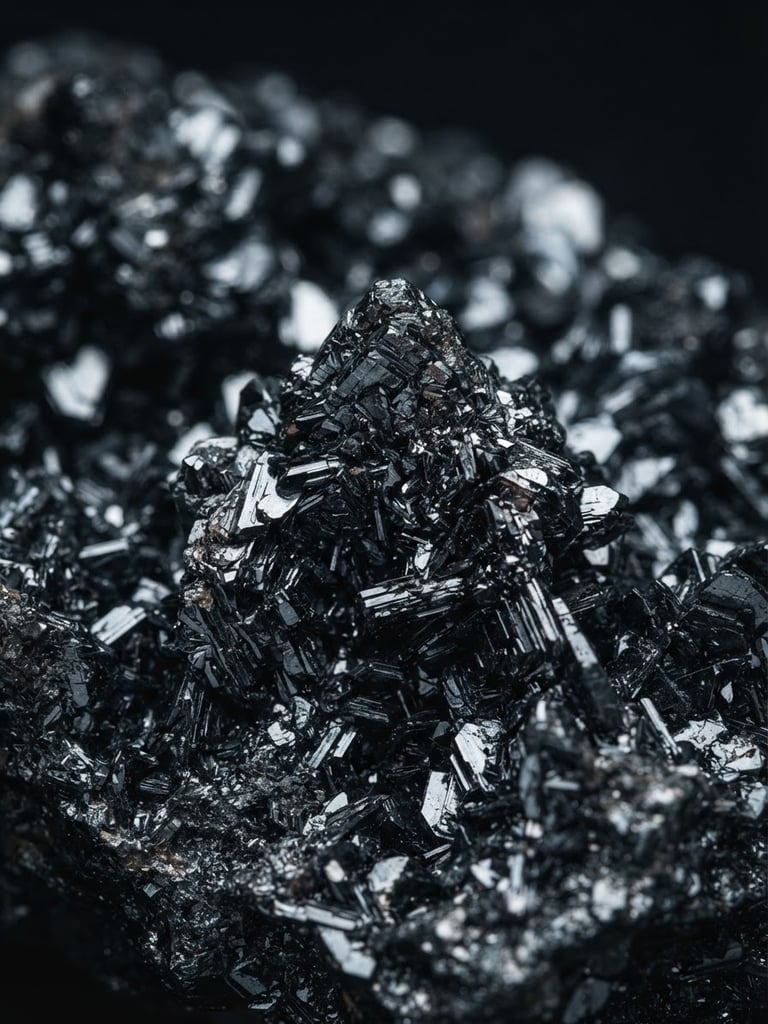 Extreme macro close-up of raw specular hematite mineral formations, metallic silver reflections, sharp geometric crystal facets, dark moody studio lighting